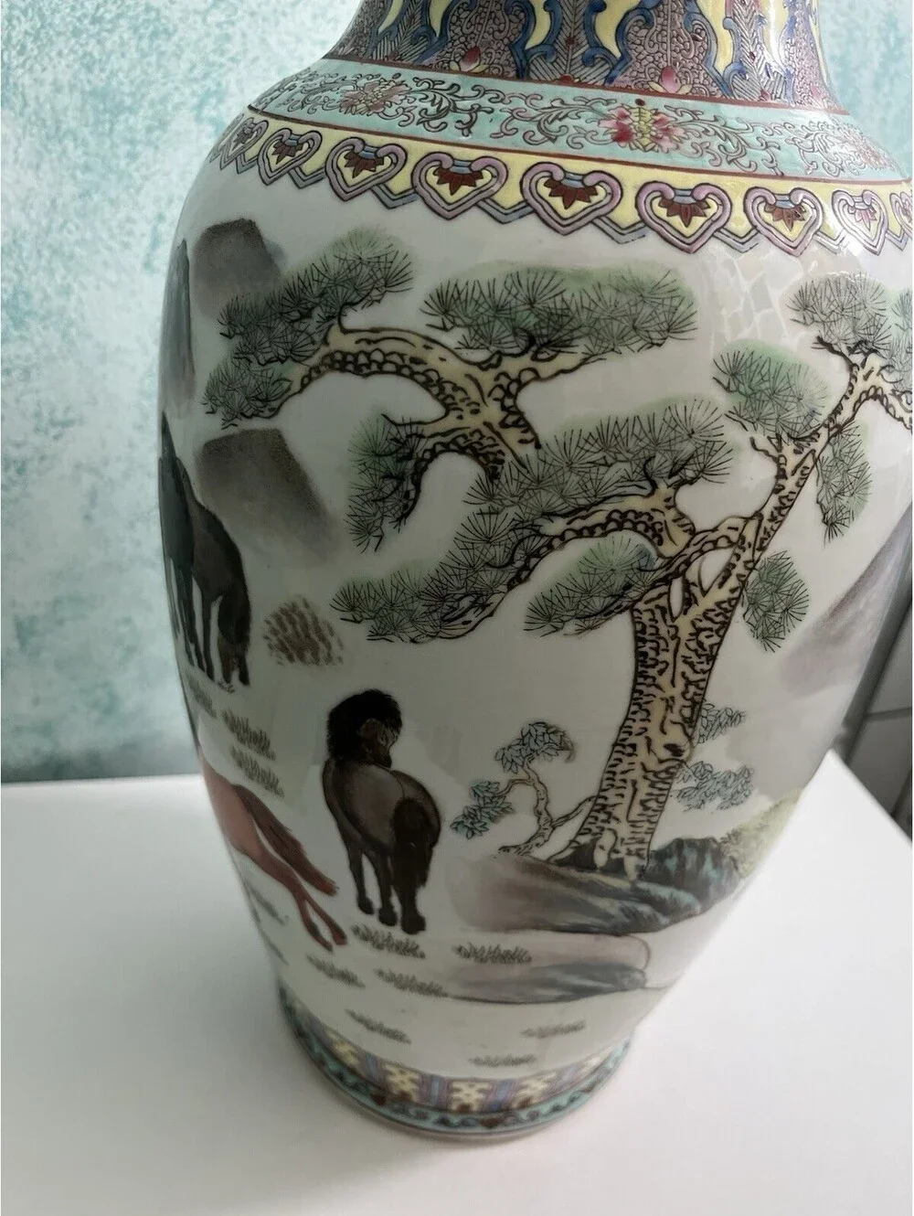 Vintage Asian Chinese Style Porcelain Flower Vase Handmade Beautiful Horses
